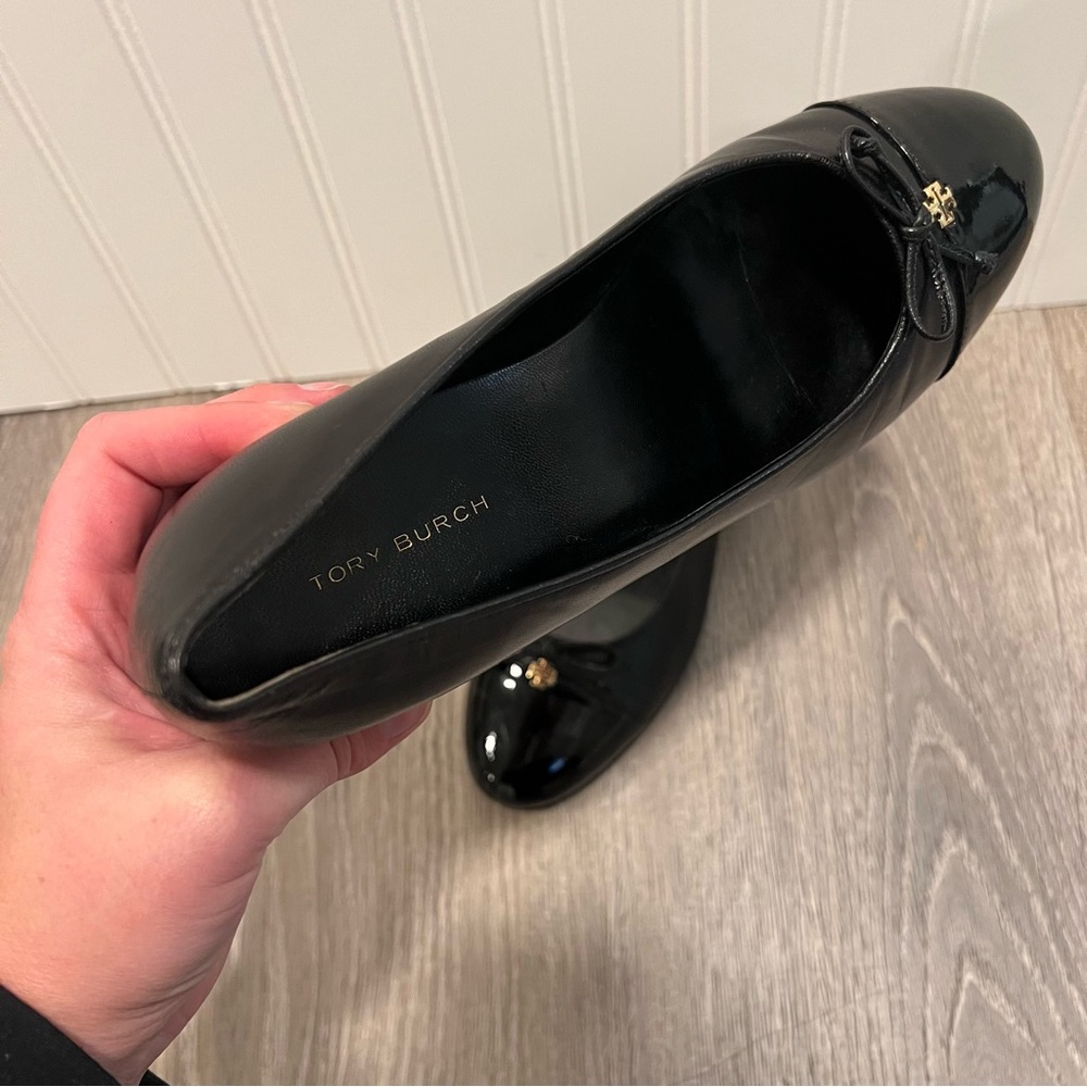 TORY BURCH Mixed Black Leather Cap-Toe Ballerina Block Pumps Size 7 - Picture 14 of 14